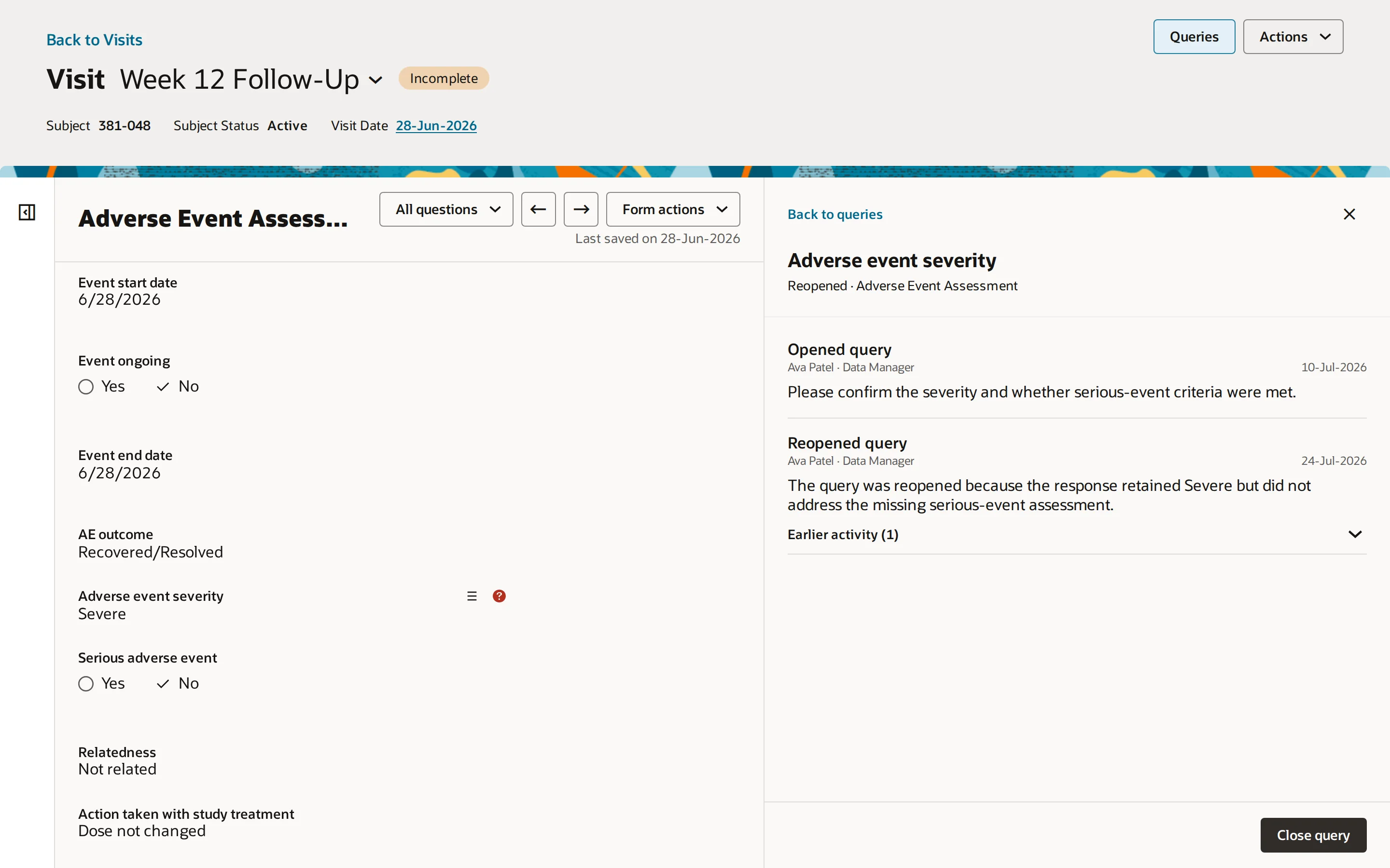 The Adverse Event Assessment form with a query panel open beside it: the queried field, Adverse event severity, is marked in the form, and the panel shows the query thread, opened, reopened, and the data manager's reason