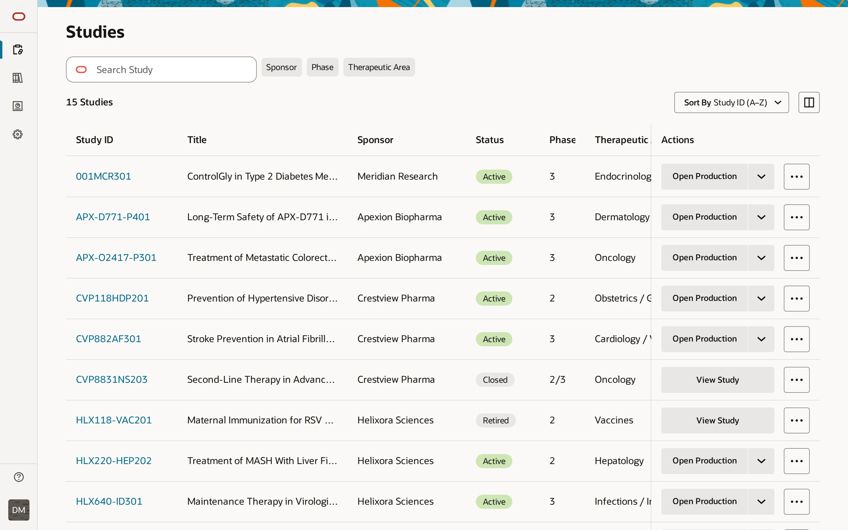 The Studies page in the prototype: a search box, three filter chips, and a table of fifteen studies with ID, title, sponsor, status, phase and therapeutic area; each row ends in an Open Production split button and a more-actions menu