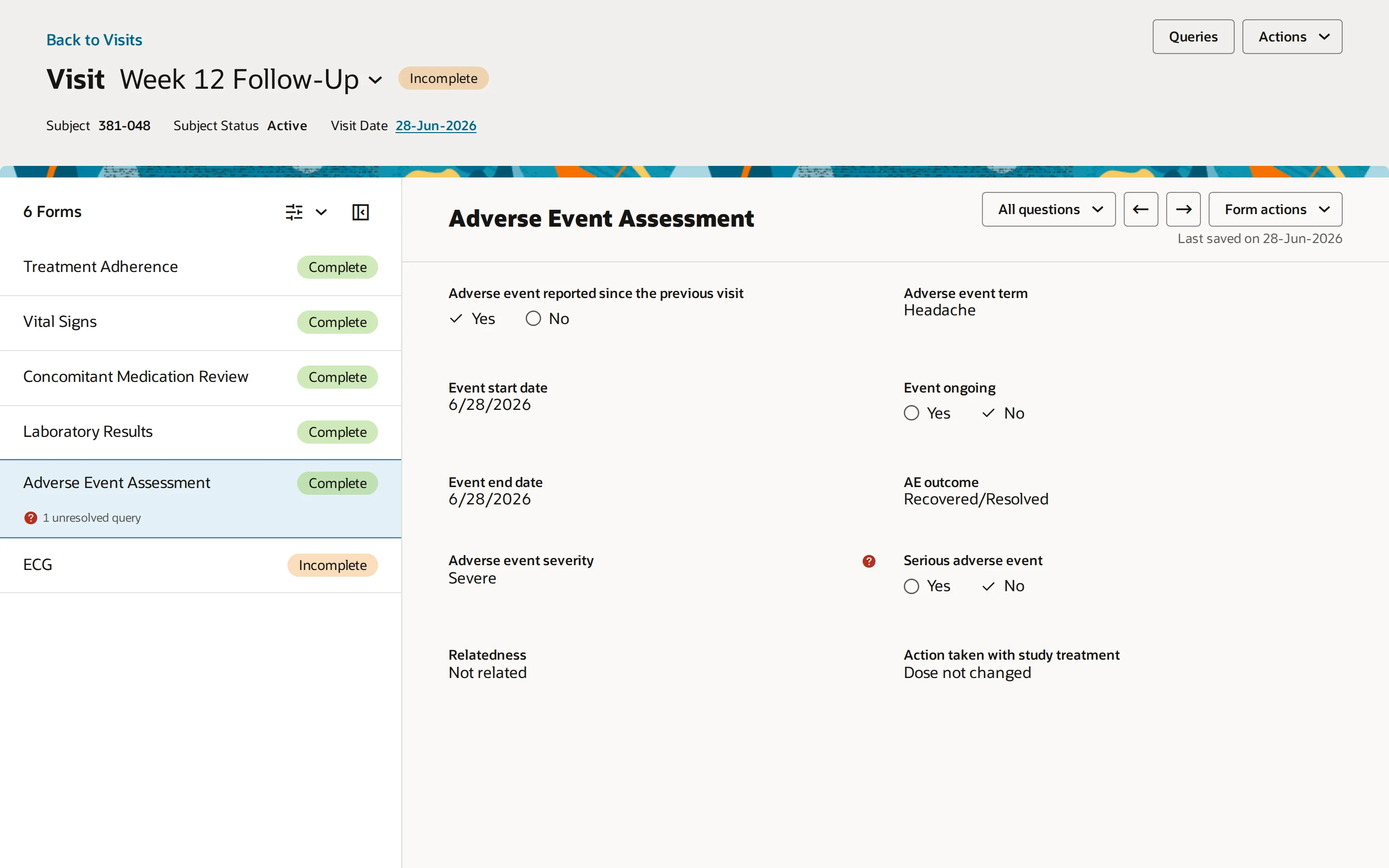 The Week 12 Follow-Up visit: six forms listed on the left with completion status and a query flag, the Adverse Event Assessment form filling the workspace, and the subject and visit in the header