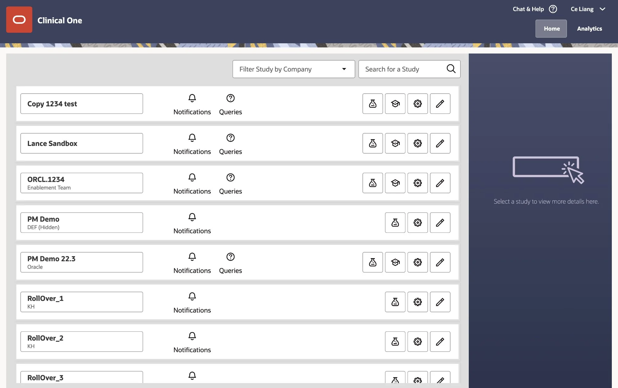 The current Home page: each study is a tall row with its name, Notifications and Queries links, and four icon buttons for its modes; a dark side panel on the right reads Select a study to view more details here