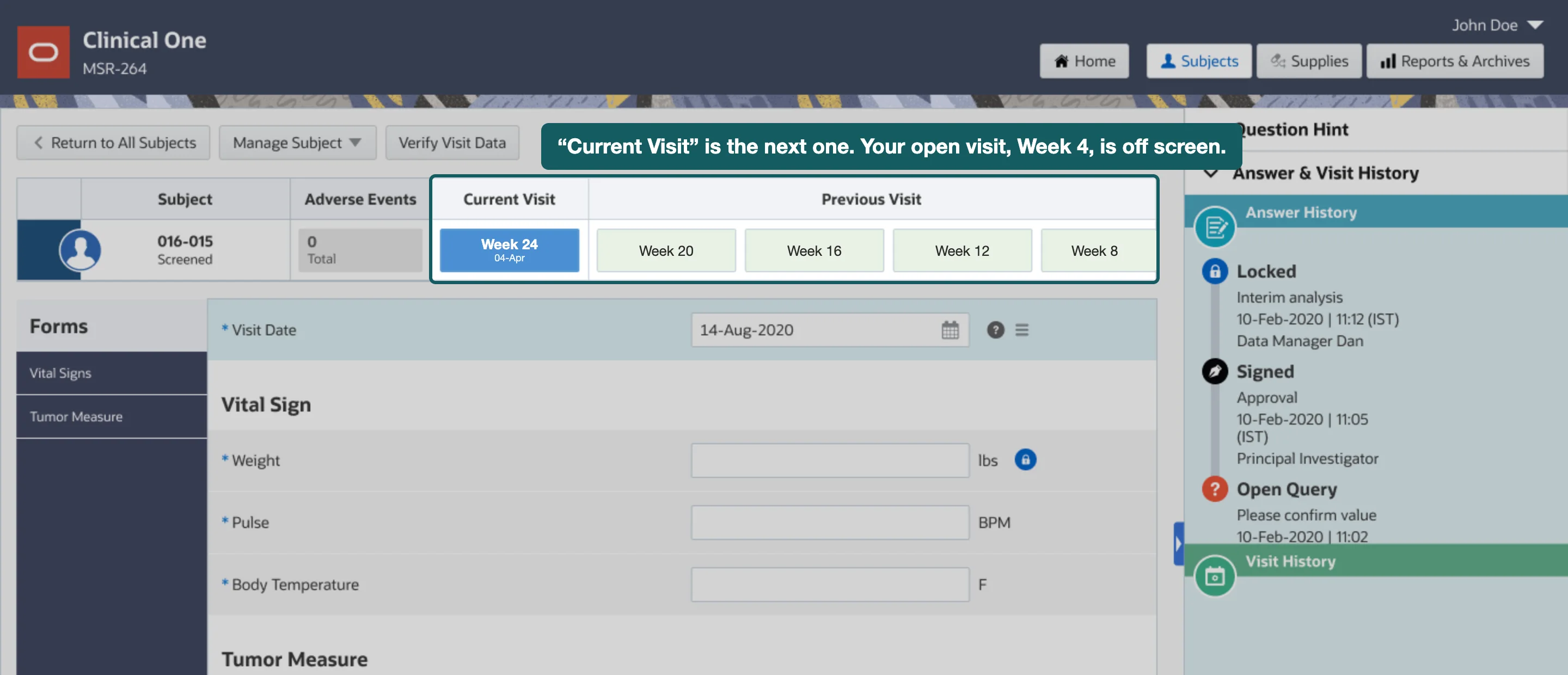 The visit page before the redesign. The strip at the top shows Week 24 under Current Visit and Weeks 20, 16, 12 and 8 under Previous Visit. The strip is outlined; the visit actually open, Week 4, is not visible anywhere on the page.