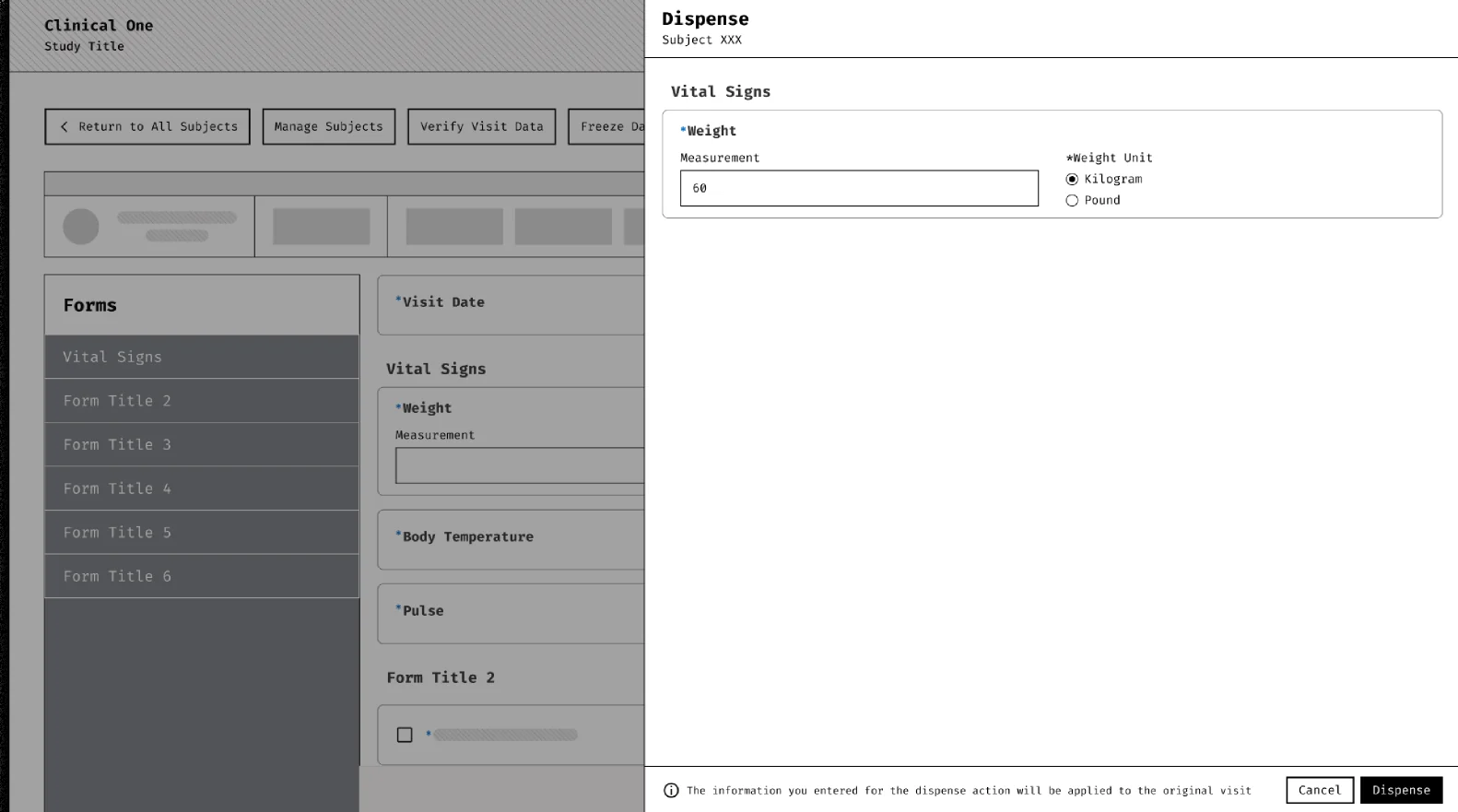 A Dispense drawer opened over the visit screen, containing only the Weight question and a Dispense button