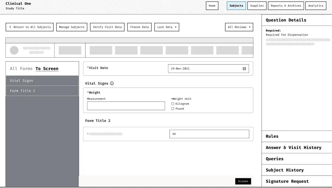 Wireframe of the visit screen: A tab per step.