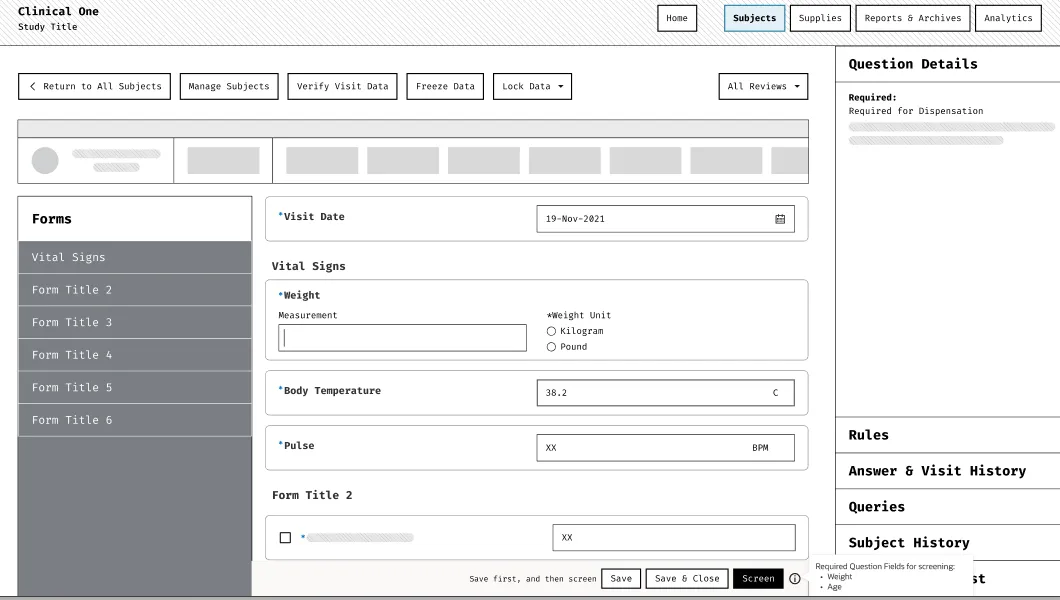 Wireframe of the visit screen: Explain on hover.