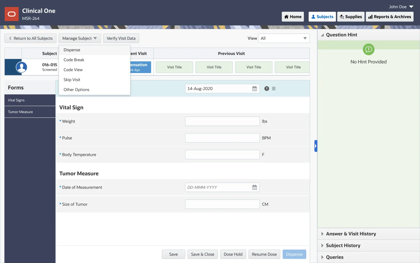 The visit page in Clinical One: every question marked required, the Dispense option in the Manage Subject menu, and the Dispense button greyed out at the bottom.