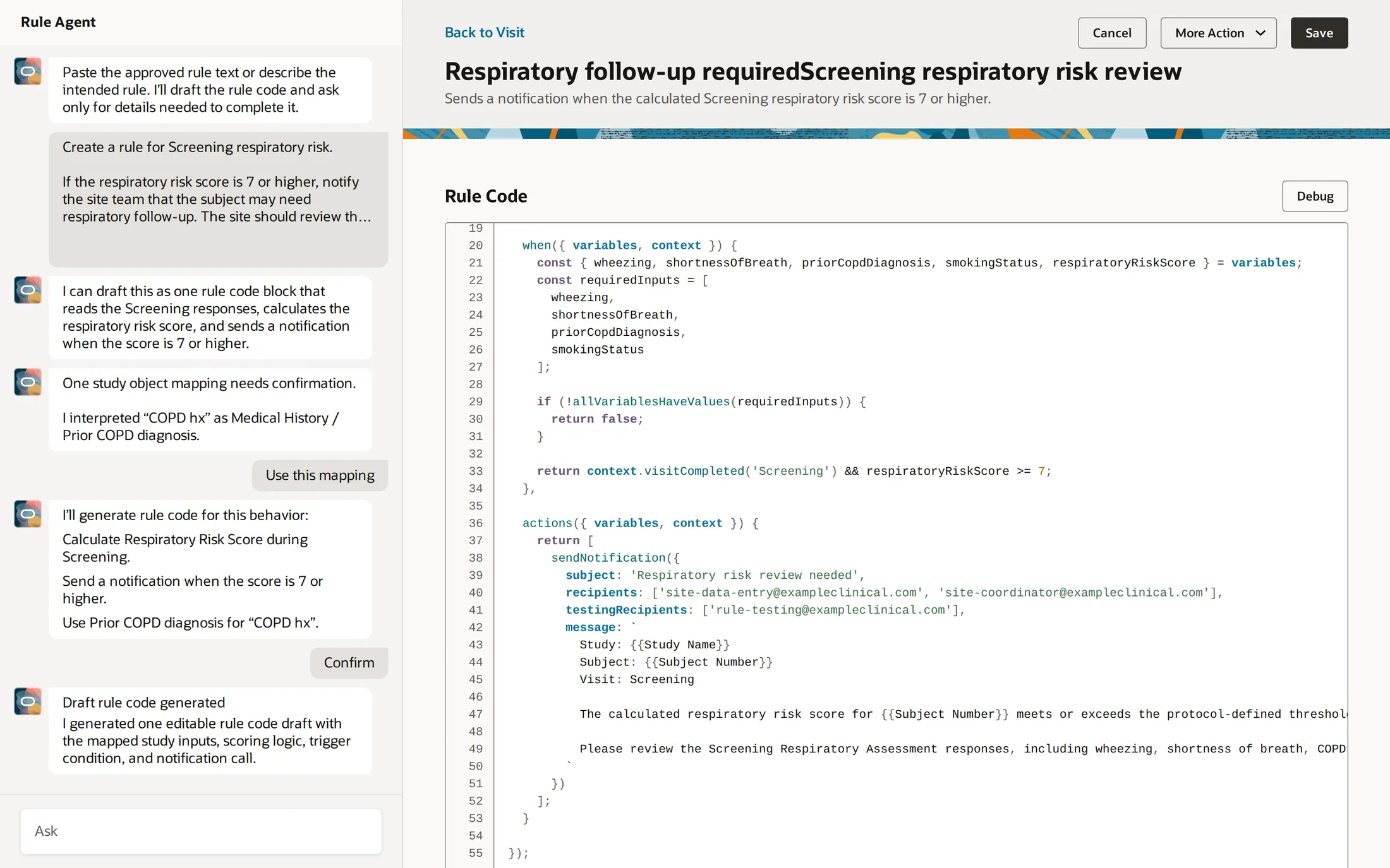 Generated rule code containing variables, condition, notification recipients and message text in one block