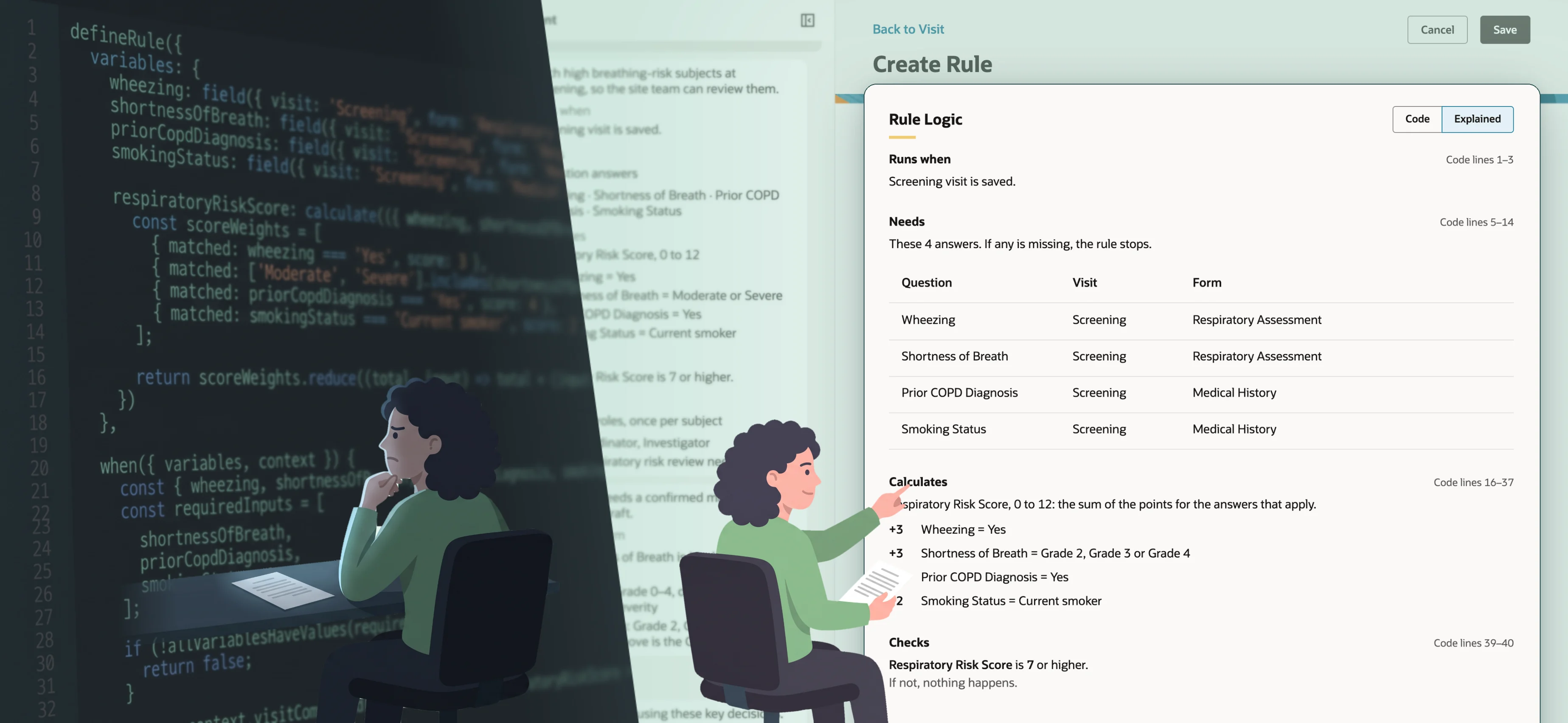 On the left, at night, an illustrated study designer sits at her desk, chin in hand, frowning at a wall of JavaScript the AI wrote for a rule, her printed spec untouched beside her. On the right, the same study designer holds her spec and points at the Rule Logic card in the Rule Agent prototype, which explains each part of the rule next to the code lines it comes from.
