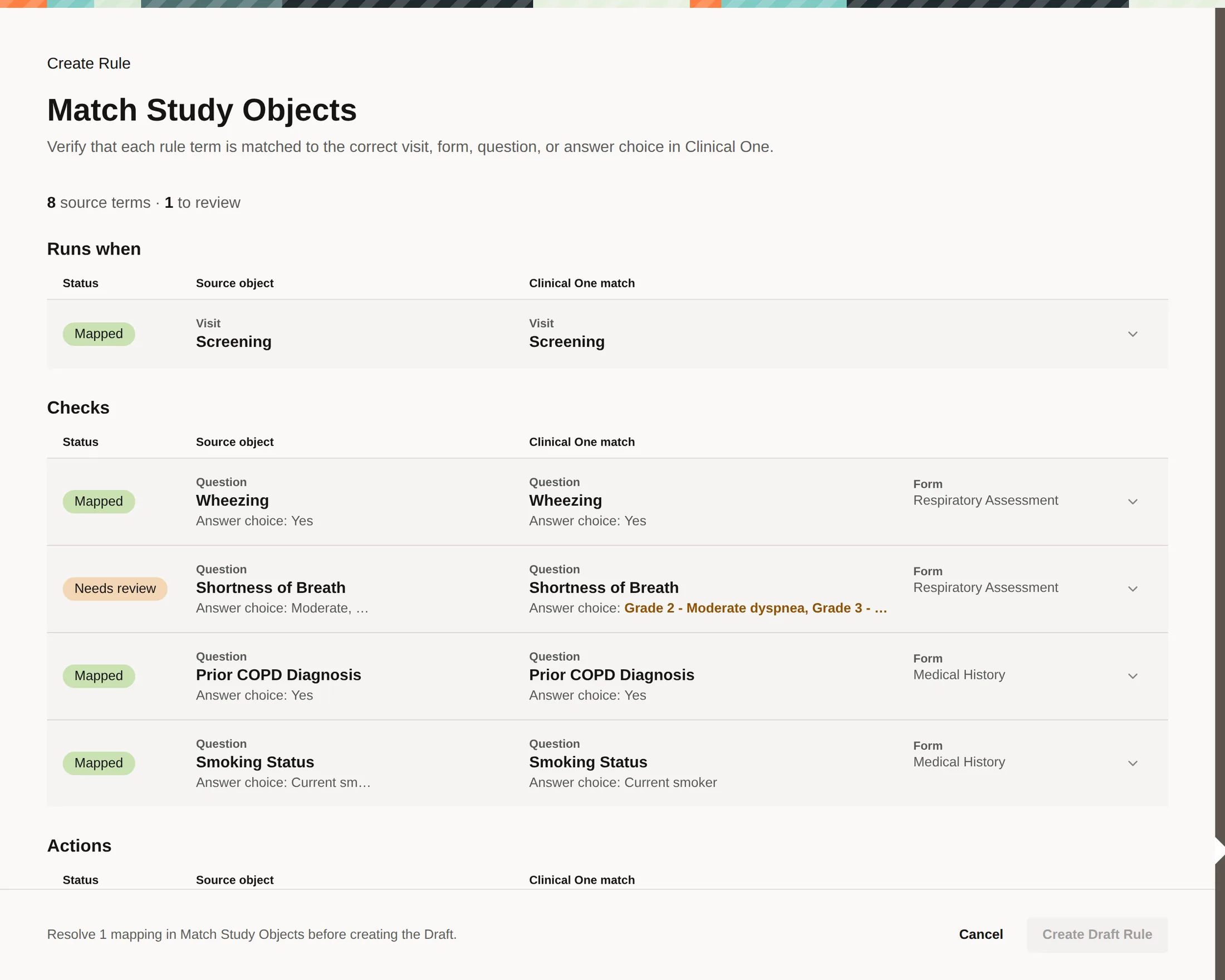 Eight terms from the specification matched to items in the study, with one flagged for review